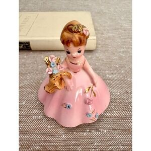 Vintage Josef Originals May Flowers Pink Dress Gold Basket Girl Figurine